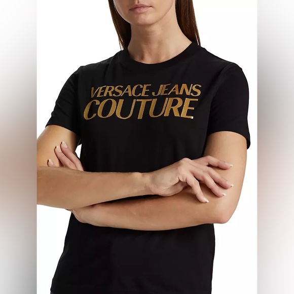 NWOT Versace Jeans Couture Institutional Logo T-Shirt Black/Gold - Picture 4 of 13